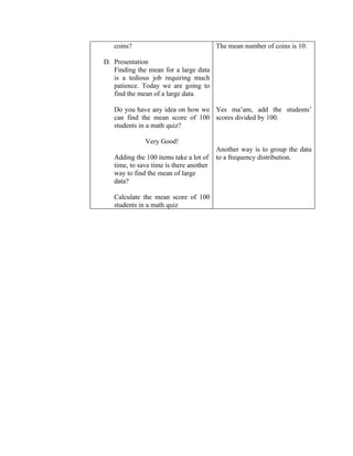 coins?                                The mean number of coins is 10.

D. Presentation
   Finding the mean for a large data
   is a tedious job requiring much
   patience. Today we are going to
   find the mean of a large data.

   Do you have any idea on how we Yes ma’am, add the students’
   can find the mean score of 100 scores divided by 100.
   students in a math quiz?

              Very Good!
                                         Another way is to group the data
   Adding the 100 items take a lot of    to a frequency distribution.
   time, to save time is there another
   way to find the mean of large
   data?

   Calculate the mean score of 100
   students in a math quiz
 
