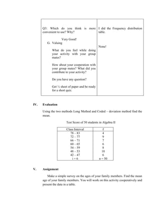 Q3: Which do you think is more I did the Frequency distribution
      convenient to use? Why?        table.

                   Very Good!
         G. Valuing
                                                 None!
             What do you feel while doing
             your activity with your group
             mates?

             How about your cooperation with
             your group mates? What did you
             contribute to your activity?

             Do you have any question?

             Get ½ sheet of paper and be ready
             for a short quiz.



IV.   Evaluation

      Using the two methods Long Method and Coded – deviation method find the
      mean.

                        Test Score of 50 students in Algebra II

                        Class Interval               f
                           78 – 83                   4
                           72 – 77                   9
                           66 – 71                   7
                           60 – 65                   6
                           54 – 59                   8
                           48 – 53                  10
                           42 – 47                   6
                            i=6                   n = 50


V.    Assignment

          Make a simple survey on the ages of your family members. Find the mean
      age of your family members. You will work on this activity cooperatively and
      present the data in a table.
 