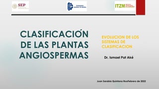 CLASIFICACIÓN
DE LAS PLANTAS
ANGIOSPERMAS
EVOLUCION DE LOS
SISTEMAS DE
CLASIFICACION
Dr. Ismael Pat Aké
Juan Sarabia Quintana RooFebrero de 2022
 