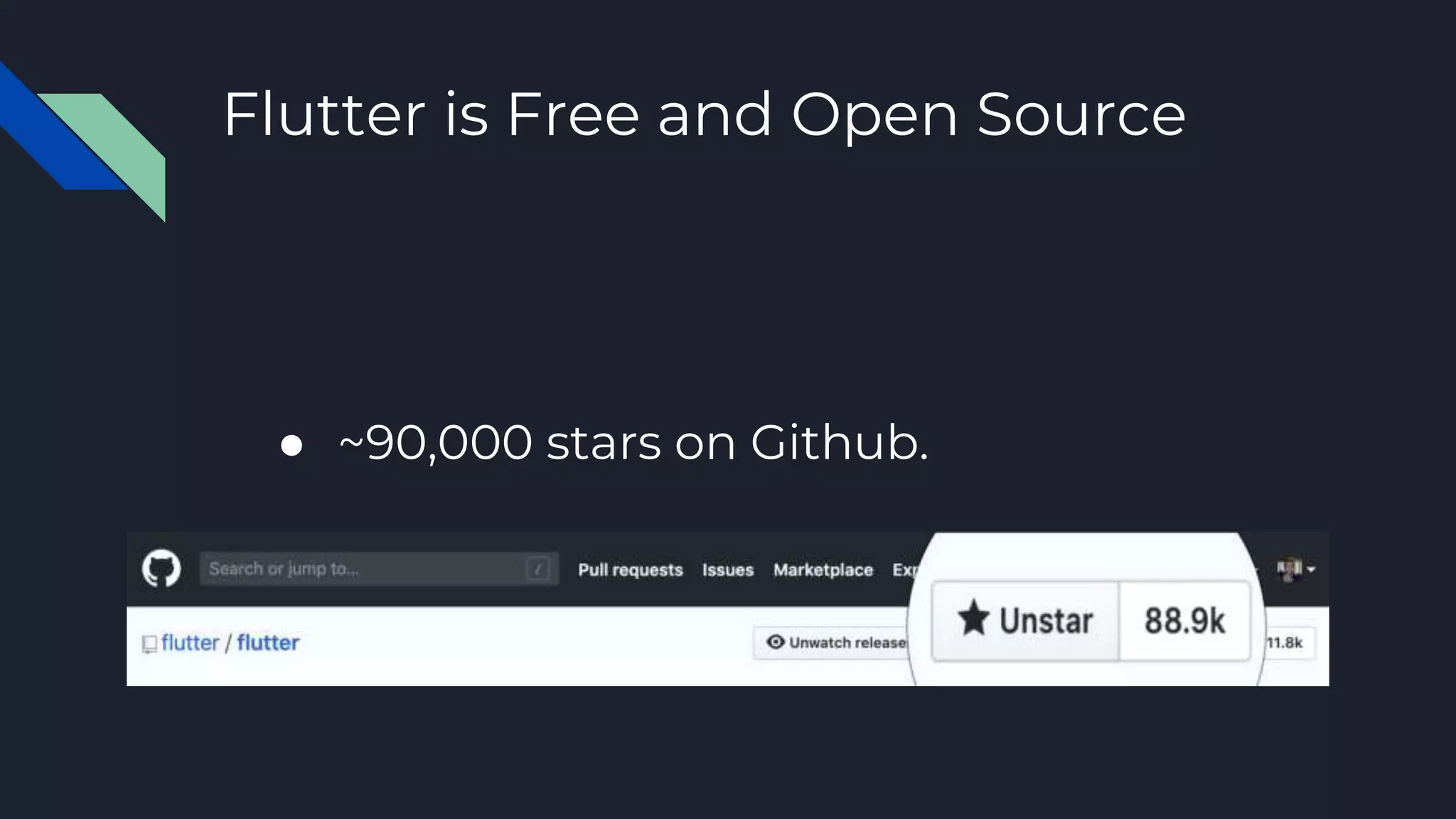 Flutter is Free and Open Source
● ~90,000 stars on Github.
 