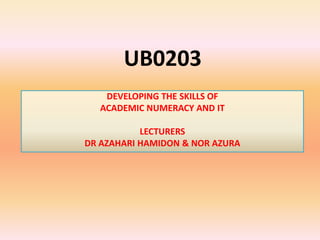 UB0203 DEVELOPING THE SKILLS OF  ACADEMIC NUMERACY AND IT LECTURERS DR AZAHARI HAMIDON & NOR AZURA 
