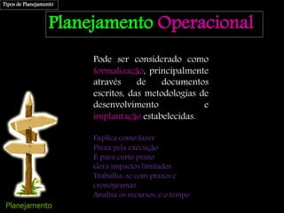 Planejamento Operacional
Pode ser considerado como
formalização, principalmente
através de documentos
escritos, das metodologias de
desenvolvimento e
implantação estabelecidas.
Explica como fazer
Preza pela execução
É para curto prazo
Gera impactos limitados
Trabalha-se com prazos e
cronogramas
Analisa os recursos, e o tempo
Tipos de Planejamento
 
