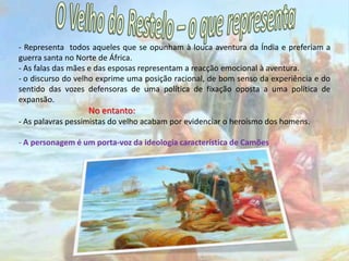 Caracterização do Velho do Restelo"Mas um velho d'aspeito venerando,Que ficava nas praias, entre a gente,Postos em nós os olhos, meneandoTrês vezes a cabeça, descontente,A voz pesada um pouco alevantando,Que nós no mar ouvimos claramente,C'um saber só de experiências feito,Tais palavras tirou do experto peito:”Um idoso de aspecto respeitável e de voz bem audível. Com sabedoria da experiencia de vida que tem, apresenta-se com uma atitude de descontentamento .