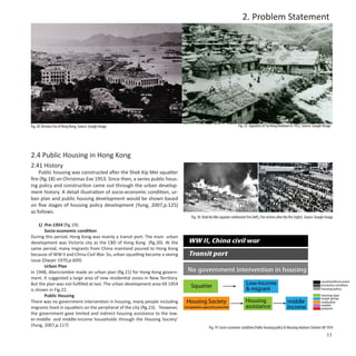 2. Problem Statement




Fig. 20: Victoria City of Hong Kong, Source: Google Image                                                                    Fig. 23: Squatters of Tiu Keng Kowloon in 1952, Source: Google Image




2.4 Public Housing in Hong Kong
2.41 History
    Public housing was constructed after the Shek Kip Mei squatter
fire (fig.18) on Christmas Eve 1953. Since then, a series public hous-
ing policy and construction came out through the urban develop-
ment history. A detail illustration of socio-economic condition, ur-
ban plan and public housing development would be shown based
on five stages of housing policy development (Yung, 2007,p.125)
as follows:
                                                                                      Fig. 18: Shek Kei Mei squatter settlement Fire (left), Fire victims after the fire (right), Source: Google Image
    1) Pre-1954 (fig.19):
       Socio-economic condition
During this period, Hong Kong was mainly a transit port. The main urban
development was Victoria city as the CBD of Hong Kong (fig.20). At the              WW II, China civil war
same period, many migrants from China mainland poured to Hong Kong
because of WW II and China Civil War. So, urban squatting became a vexing           Transit port
issue (Dwyer 1970,p.609)
       Urban Plan
In 1948, Abercrombie made an urban plan (fig.21) for Hong Kong govern-             No government intervention in housing
ment. It suggested a large area of new residential zones in New Territory.
But the plan was not fulfilled at last. The urban development area till 1954          Squatter                                    Low-income                                                social/political event
                                                                                                                                                                                            economy condition
is shown in Fig.22.                                                                                                               & migrant                                                 housing policy

       Public Housing                                                                                                                                                                       housing type
                                                                                                                                                                                            target group
There was no government intervention in housing, many people including            Housing Society                                 Housing                         middle                    institution
migrants lived in squatters on the peripheral of the city (fig.23). ‘However,   civil organization supported by government        assistance                      income                    market
                                                                                                                                                                                            purpose
the government gave limited and indirect housing assistance to the low-
er-middle- and middle-income households through the Housing Society’
(Yung, 2007,p.117)                                                                                     Fig. 19: Socio-economic condition,Public housing policy & Housing relations Scheme till 1954
                                                                                                                                                                                                 11
 
