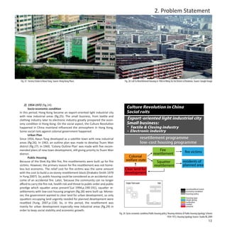 2. Problem Statement




 Fig. 25: Factory Estate in Kwun Tung, Source: Hong Kong Place;                          Fig. 28: Lok Fu Resettlement housing in 1966 in Wong Tai Sin District of Kowloon, Source: Google Image




    2) 1954-1972 (fig.24):
       Socio-economic condition                                                            Culture Revolution in China
In this period, Hong Kong became an export-oriented light industrial city                  Social roits
with new industrial areas (fig.25). The small business, from textile and
clothing industry later to electronic industry greatly prospered the econ-                 Export-oriented light industrial city
omy condition in Hong Kong. On the social aspect, the Culture Revolution                   Small business:
happened in China mainland influenced the atmosphere in Hong Kong.                             Textile & Closing industry
Some social riots against colonial government happened.                                        Electronic industry
       Urban Plan
Since 1954, Kwun Tong developed as a satellite town with new industrial                                        resettlement programme
areas (fig.26). In 1963, an outline plan was made to develop Tsuen Wan                                         low-cost housing programme
district (fig.27). In 1969, ‘Colony Outline Plan’ was made with five recom-
mended plans of new town development, still giving priority to Tsuen Wan                                                      Fire
district.                                                                                                                 resettlement
       Public Housing                                                                      Colonial
Because of the Shek Kip Mei fire, fire resettlements were built up for fire               welfare state                      Squatter                       residents of
victims. However, the primary reason for fire resettlement was not home-                                                   resettlement                     planned area
less but economic. The relief cost for fire victims was the same amount                  Clear land for
with the cost to build a six-storey resettlement block (Drakakis-Smith 1979              development
in Yung 2007). So, public housing could be considered as an accidental out-
come of an accidental fire. Later, ‘because the community can no longer
afford to carry the fire risk, health risk and threat to public order and public          Single/ Twin tower                   Slab

prestige which squatter areas present’(Lai 1994,p.190-191), squatter re-                                                                                        social/political event
settlements with low-cost housing program (fig.28) were built up. Moreo-                                                                                        economy condition
                                                                                                                                                                housing policy
ver, the government wanted to clear land for urban development, so only
                                                                                                                                                                housing type
squatters occupying land urgently needed for planned development were                                                                                           target group
resettled (Yung, 2007,p.118). So, in this period, the resettlement was                                                                                          institution
                                                                                                                                                                market
mainly for urban development especially new industrial areas (fig.29) in                                                                                        purpose

order to keep social stability and economic growth.
                                                                                   Fig. 24: Socio-economic condition,Public housing policy, Housing relations & Public housing typology Scheme
                                                                                                                                           1954-1972, Housing typology Source: Studio RE,2009
                                                                                                                                                                                          13
 