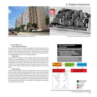 2. Problem Statement




Fig. 31: Chai Wan Kok industrial area in Tsuen Wan, Source: Google Image                                                   Fig. 34: Low-cost rent home plan Kowloon, Source: Google Image




    3) 1973-1986 (fig.30) :                                                                            New colonial governor
       Socio-economic condition                                                                        Social Riots
During this period, diverse industry appeared in Hong Kong. Because of
the Open Door Policy in China in 1978, labour intensive industry moved                                1978: Open Door Policy in China
towards north and finally to PRD region in mainland China. The dominant                               Diverse industry in HK:
force was technology intensive industry in new town areas (fig.31) and the                                Labour intensive industry
emerging financial industry in the existing CBD area.                                                     Technology intensive industry
                                                                                                          Financial industry
       Urban Plan
The New Town Programme, which complemented the Ten-year Housing                                       Ten-year Housing Programme
Programme, was embarked on in 1973 (Pun, 1987,p.46). In 1984, ‘Territo-                               HOS Home Ownership Scheme
rial Development Strategy’ (fig.32) was made which mainly focused on the                              Private Sector Participation Scheme
development of new town area with both residential and industrial use
within the territory of Hong Kong (fig.33). However, due to the economic             Colonial                          Public Rental                   Working class
change, many industrial land use were changed to office and other use               welfare state                      Housing
later.
       Public Housing
With the aim to stabilize social riots and promote economic growth, the             Economic Growth                                         Industrialization
colonial welfare state (Castells,2010,p.278) with a new governor started
                                                                                    Social stability                                        development
Ten-year Housing Program (fig.34) for the working class. In 1978, Home                                 Slab         Cruciform

Ownership Scheme started the privatization process of public housing. Till
this period, the public housing were mainly built up next to industrial areas
                                                                                          Single/ Twin tower          Linear
(fig.35) to support industry growth, so working class benefited from these
housing policies. Government’s intervention to housing was releasing the                                                                                   social/political event
pressure of industry owners.                                                                                                                               economy condition
                                                                                                                                                           housing policy
                                                                                                          H                Y                               housing type
                                                                                                                                                           target group
                                                                                                                                                           institution
                                                                                                                                                           market
                                                                                                                                                           purpose

                                                                                Fig. 30: Socio-economic condition,Public housing policy, Housing relations & Public housing typology Scheme
                                                                                                                                        1973-1986, Housing typology Source: Studio RE,2009
                                                                                                                                                                                      15
 