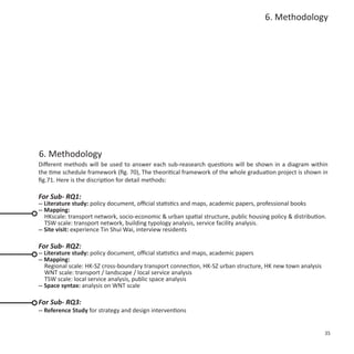 6. Methodology




6. Methodology
Different methods will be used to answer each sub-reasearch questions will be shown in a diagram within
the time schedule framework (fig. 70), The theoritical framework of the whole graduation project is shown in
fig.71. Here is the discription for detail methods:

For Sub- RQ1:
-- Literature study: policy document, official statistics and maps, academic papers, professional books
-- Mapping:
   HKscale: transport network, socio-economic & urban spatial structure, public housing policy & distribution.
   TSW scale: transport network, building typology analysis, service facility analysis.
-- Site visit: experience Tin Shui Wai, interview residents

For Sub- RQ2:
-- Literature study: policy document, official statistics and maps, academic papers
-- Mapping:
   Regional scale: HK-SZ cross-boundary transport connection, HK-SZ urban structure, HK new town analysis
   WNT scale: transport / landscape / local service analysis
   TSW scale: local service analysis, public space analysis
-- Space syntax: analysis on WNT scale

For Sub- RQ3:
-- Reference Study for strategy and design interventions


                                                                                                             35
 