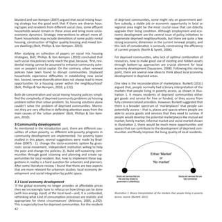 Musterd and van Kempen (2007) argued that social mixing hous-            of deprived communities, some might rely on government wel-
ing strategy has the good wish that if there are diverse hous-           fare subsidy, a stable job or economic opportunity in local or
ing types and residents from different social class, some affluent       regional area might be the most crucial issue that can directly
households would remain in these areas and bring more socio-             upgrade their living condition. Although employment and eco-
economic dynamics. Strategic interventions to attract more af-           nomic development are the central issue of policy initiatives to
fluent households may include demolition of some public rental           regenerate deprived neighbourhoods, but there are quite a few
housing, construction of higher quality housing and mixed ten-           strong economic dimension in the current renewal projets, and
ure dwellings (Bolt, Phillips & Van Kempen, 2010).                       this lack of consideration is seriously constraining the efficiency
                                                                         of current projects (North & Syrett, 2006).
After studying on collection of papers on social mix housing
strategies, Bolt, Phillips & Van Kempen (2010) concluded that            For deprived communities, who lack of optimal combination of
such social mix policies rarely reach the goal, because, ‘first, resi-   resources, how to make good use of existing and hidden assets
dential mixing cannot be assumed to enhance community cohe-              through bottom-up approaches are crucial element for local
sion or people’s social capital. On the contrary, urban renewal          economy development (Squazzoni, 2008). Following this staring
policies have been found to disrupt communities. Displaced               point, there are several new ideas to think about local economy
households experience difficulties in establishing new social            development in deprived areas.
ties. Second, tenure diversification does not always lead to more
opportunities for a housing career within the neighbourhood’             One idea is the reconsideration of marketplace. Burkett (2011)
(Bolt, Phillips & Van Kempen, 2010, p.132).                              argued that, people normally had a binary interpretation of the
                                                                         markets that people living in poverty access, as shown in Illus-
Both de-concentration and social mixing housing policies simpli-         tration 1. It means residents of deprived communities either
fied the complexity of deprived community problems as housing            get goods and service for free or funded, or they access from
problem rather than urban problem. So, housing solutions alone           fully commercialized providers. However, Burkett suggested that
couldn’t solve the problem of deprived communities. Moreo-               there is a broader spectrum of ‘marketplaces’ that people can
ver, they are very effective in deflecting attention away from the       potentially access – that is, places and spaces where people are
main causes of the ‘urban problem’ (Bolt, Phillips & Van Kem-            able to access goods and services that they need to survive. If
pen, 2010).                                                              people would develop the potential marketplaces like mutual aid
                                                                         market, family market, informal market and social market shown
3 Community development                                                  in Illustration 2, there would be much more opportunities and
As mentioned in the introduction part, there are different cau-          spaces that can contribute to the development of deprived com-
salities of urban poverty, so different anti-poverty programs in         munities and finally improve the living quality of local residents.
community development are implemented. For poverty types
studied in this paper, several suggestions were made by Brad-
shaw (2007) : 1). change the socio-economic system by grass-
roots social movement, independent institution willing to help
the poor and change the policies; 2). Build self-sustaining com-
munities through good visioning and planning and create op-
portunities for local resident. But, how to implement these sug-
gestions in reality is a hard question for urbanists and planners.
After some literature review, I found that there are two aspects
that are more relevant for urbanism studies: local economy de-
velopment and social integration by public space.

3.1 Local economy development
‘If the global economy no longer provides at affordable prices
then we increasingly have to refocus on how things can be done
(with less energy input) at the local level—and, it is contended,        Illustration 1. Binary interpretation of the markets that people living in poverty
rethinking what kind of consumption processes are realistic and          access. source: (Burkett, 2011)
appropriate for these circumstances’ (Atkinson, 2005, p.292).
This is especially true for deprived communities. For the resident
42
 