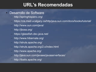 URL's Recomendadas Desarrollo de Software http://springhispano.org/ https://cis.med.ucalgary.ca/http/java.sun.com/docs/books/tutorial/ http://www.sun.com/java/ http://jboss.org/ https://glassfish.dev.java.net/ http://www.hibernate.org/ http://struts.apache.org/ http://struts.apache.org/2.x/index.html http://www.apache.org/ http://java.sun.com/javaee/javaserverfaces/ http://ibatis.apache.org/ 