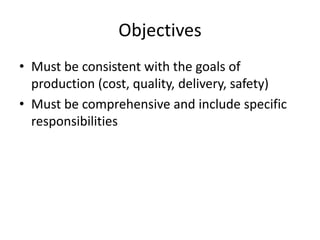 Objectives
• Must be consistent with the goals of
production (cost, quality, delivery, safety)
• Must be comprehensive and include specific
responsibilities

 