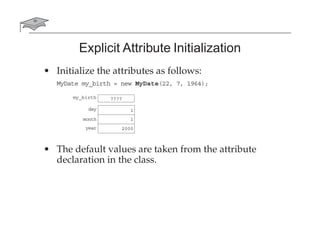 Explicit Attribute Initialization
• Initialize the attributes as follows:
MyDate my_birth = new MyDate(22, 7, 1964);
• The default values are taken from the attribute
declaration in the class.
my_birth ????
day
month
year
1
1
2000
 