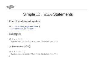 Simple if, else Statements
The if statement syntax:
if ( <boolean_expression> )
<statement_or_block>
Example:
if ( x < 10 )
System.out.println("Are you finished yet?");
or (recommended):
if ( x < 10 ) {
System.out.println("Are you finished yet?");
}
 