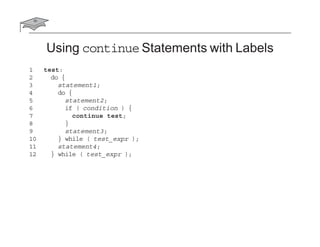 Using continue Statements with Labels
1 test:
2 do {
3 statement1;
4 do {
5 statement2;
6 if ( condition ) {
7 continue test;
8 }
9 statement3;
10 } while ( test_expr );
11 statement4;
12 } while ( test_expr );
 