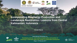 Himlal Baral
Incorporating Bioenergy Production and
Landscape Restoration: Lessons from Central
Kalimantan, Indonesia
International Workshop on:
Developing science- and evidence-based policy and practice of
bioenergy in Indonesia within the context of sustainable development
Bogor, 14 February 2017
 