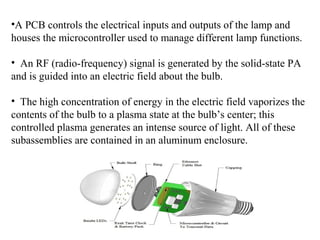 •A PCB controls the electrical inputs and outputs of the lamp and
houses the microcontroller used to manage different lamp functions.
• An RF (radio-frequency) signal is generated by the solid-state PA
and is guided into an electric field about the bulb.
• The high concentration of energy in the electric field vaporizes the
contents of the bulb to a plasma state at the bulb’s center; this
controlled plasma generates an intense source of light. All of these
subassemblies are contained in an aluminum enclosure.
 