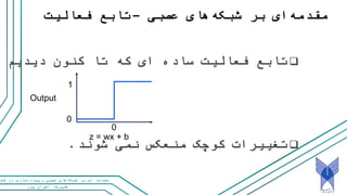 ‫پور‬ ‫اخوان‬ ‫علیرضا‬
‫و‬ ‫عصبی‬ ‫های‬‫شبکه‬ ‫بر‬ ‫ای‬ ‫مقدمه‬‫کت‬ ‫در‬ ‫سازی‬‫پیاده‬
‫عصبی‬ ‫های‬‫شبکه‬ ‫بر‬ ‫ای‬‫مقدمه‬–‫فعالیت‬ ‫تابع‬
‫دیدیم‬ ‫کنون‬ ‫تا‬ ‫که‬ ‫ای‬ ‫ساده‬ ‫فعالیت‬ ‫تابع‬
z = wx + b
Output
0
1
0
‫شوند‬ ‫نمی‬ ‫منعکس‬ ‫کوچک‬ ‫تغییرات‬.
 