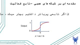‫پور‬ ‫اخوان‬ ‫علیرضا‬
‫و‬ ‫عصبی‬ ‫های‬‫شبکه‬ ‫بر‬ ‫ای‬ ‫مقدمه‬‫کت‬ ‫در‬ ‫سازی‬‫پیاده‬
‫عصبی‬ ‫های‬‫شبکه‬ ‫بر‬ ‫ای‬‫مقدمه‬–‫فعالیت‬ ‫تابع‬
‫مث‬ ،‫میشد‬ ‫بهتر‬ ‫داشتیم‬ ‫پویاتر‬ ‫تابعی‬ ‫اگر‬
z = wx + b
Output
0
1
0
 