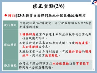 10
修正重點(2/6)
現行規定
所得稅法第66-9條規定：未分配盈餘須另加徵5%營
利事業所得稅
修法原因
1.積極回應產業界表達未分配盈餘稅不利企業長期
投資規劃之訴求。
2.實質投資列為未分配盈餘減項，可使所有產業、
各企業規模皆受惠。
3.鼓勵業者以自身獲利投資，有助提升資金的運用
效率，提振產業投資動能。
修正重點
公司或有限合夥事業以未分配盈餘進行實質投資，
得列為未分配盈餘減項。
 增訂§23-3:投資支出得列為未分配盈餘減項規定
 