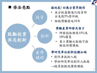  修法亮點
投資
創新
產學
鏈結
6
接地氣! 回應企業界期待
• 未分配盈餘進行投資部
分免徵5%營所稅
• 租稅獎勵展延10年
獎勵產業研發及留才
• 研發投抵維持15%及
10%優惠
• 員工獎勵之配股可採
較低時價課稅
學研究單位創新技轉加碼
• 創作者技術入股
• 學術研究單位創作人配股
→股票採較低價格課稅
鼓勵投資
佈局創新
 