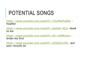 POTENTIAL SONGS
https://www.youtube.com/watch?v=24u3NoPvgMw -
heather
https://www.youtube.com/watch?v=tdvOdJ-4tGk –dead
to me
https://www.youtube.com/watch?v=AG-erEMhumc -
broke me first
https://www.youtube.com/watch?v=rjOhZZyn30k -put
your records on
 