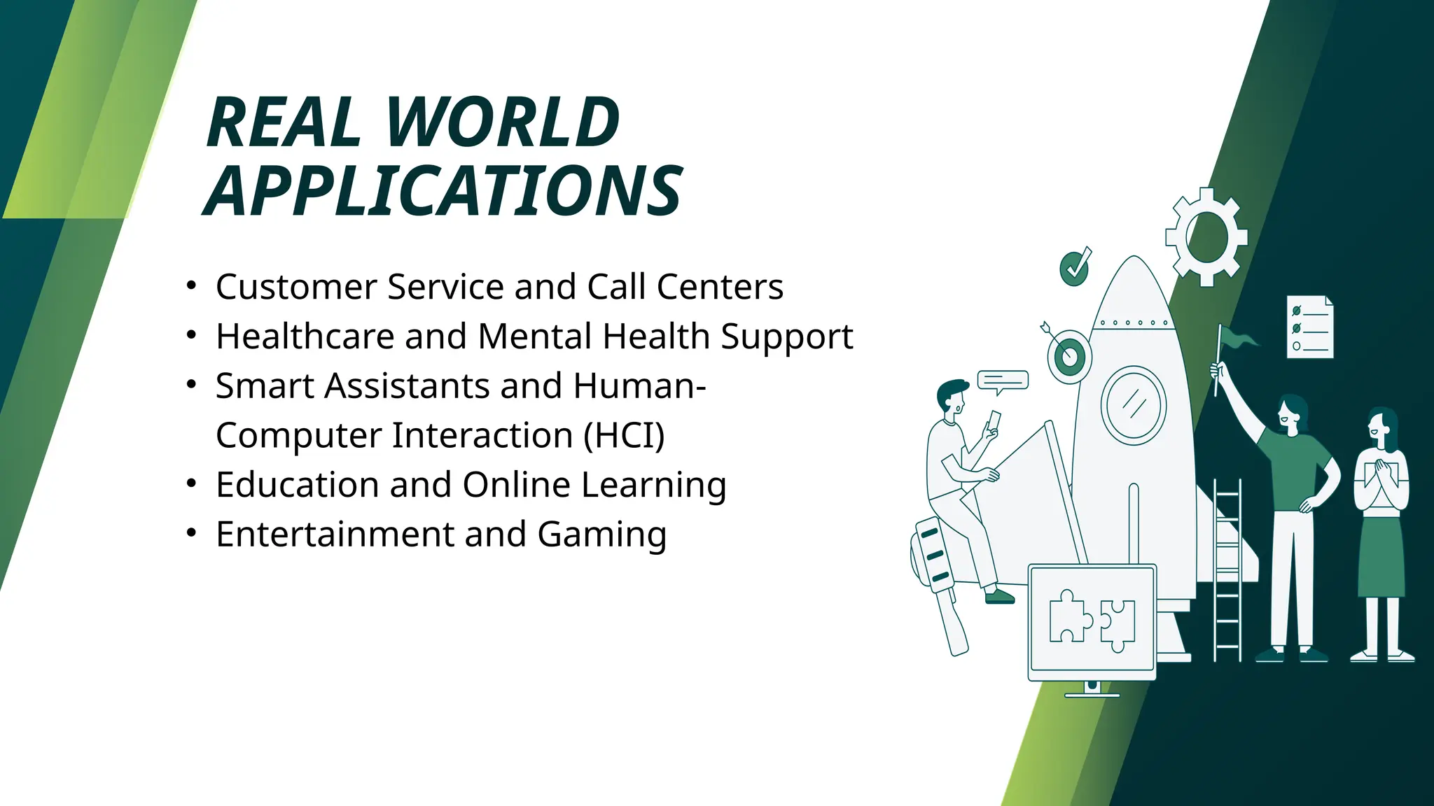 REAL WORLD
APPLICATIONS
• Customer Service and Call Centers
• Healthcare and Mental Health Support
• Smart Assistants and Human-
Computer Interaction (HCI)
• Education and Online Learning
• Entertainment and Gaming
 
