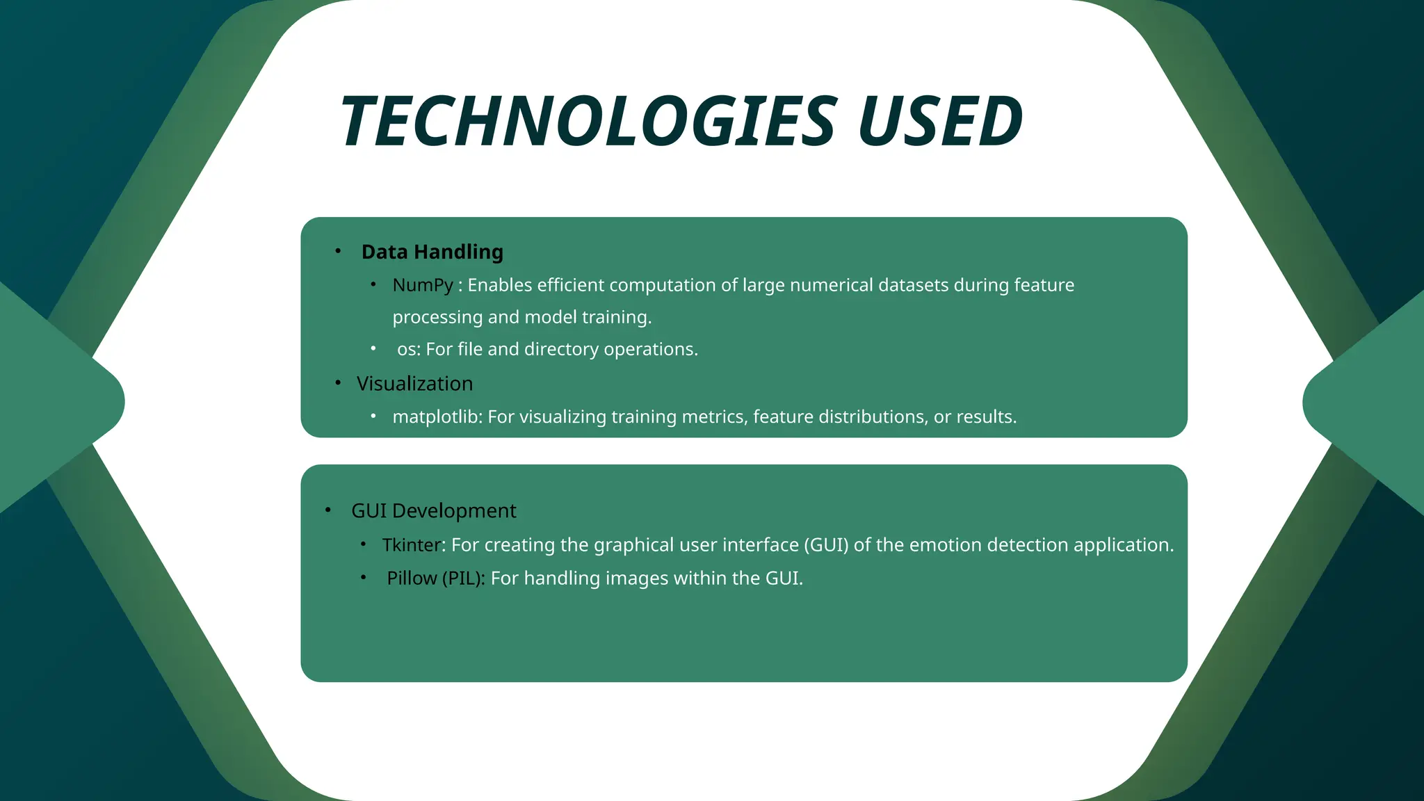 TECHNOLOGIES USED
• Data Handling
• NumPy : Enables efficient computation of large numerical datasets during feature
processing and model training.
• os: For file and directory operations.
• Visualization
• matplotlib: For visualizing training metrics, feature distributions, or results.
• Influencer Marketing
• Email Marketing Campaign
• GUI Development
• Tkinter: For creating the graphical user interface (GUI) of the emotion detection application.
• Pillow (PIL): For handling images within the GUI.
 