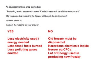YES
Less electricity used /
energy needed
Less fossil fuels burned
Less polluting gases
emitted
NO
Old freezer must be
disposed of
Hazardous chemicals inside
freezer eg CFCs
Lot of Energy used in
producing new freezer
 