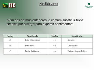 NetEtiquette




Além das normas anteriores, é comum substituir texto
simples por smileys para exprimir sentimentos:
 