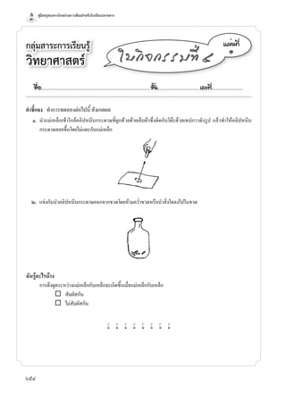 คู่มือครูสอนทางไกลผ่านดาวเทียมสำาหรับโรงเรียนปลายทาง
654
กลุ่มสาระการเรียนรู้
วิทยาศาสตร์
á¼è¹·Õè
๑
ãº¡Ô¨¡ÃÃÁ·Õè ô
คำาชี้แจง ทำ�ก�รทดลองต่อไปนี้ สังเกตผล
๑. นำ�แม่เหล็กเข้�ใกล้คลิปหนีบกระด�ษที่ผูกด้วยด้�ยเย็บผ้�ซึ่งติดกับโตะด้วยเทปก�วดังรูป แล้วทำ�ให้คลิปหนีบ
กระด�ษลอยขึ้นโดยไม่แตะกับแม่เหล็ก
๒. แข่งกันนำ�คลิปหนีบกระด�ษออกจ�กขวดโดยห้�มควำ่�ขวดหรือนำ�สิ่งใดลงไปในขวด
ฉันรู้อะไรบ้าง
ก�รดึงดูดระหว่�งแม่เหล็กกับเหล็กจะเกิดขึ้นเมื่อแม่เหล็กกับเหล็ก
¨ สัมผัสกัน
¨ ไม่สัมผัสกัน
w w w w w w w w
ª×èÍ..................................................................................................................ªÑé¹............................................àÅ¢·Õè.................................
 