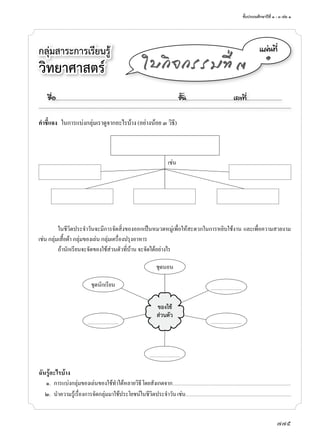 ชั้นประถมศึกษาปีที่	๑	-	๓	เล่ม	๑
775
กลุ่มสาระการเรียนรู้	
วิทยาศาสตร
á¼‹¹·Õè
๑
ãº¡Ô¨¡ÃÃÁ·Õè ó
คําชี้แจง ในการแบ่งกลุ่มเราดูจากอะไรบ้าง	(อย่างน้อย	๓	วิธี)
ในชีวิตประจำาวันจะมีการจัดสิ่งของออกเป็นหมวดหมู่เพื่อให้สะดวกในการหยิบใช้งาน	และเพื่อความสวยงาม
เช่น	กลุ่มเสื้อผ้า	กลุ่มของเล่น	กลุ่มเครื่องปรุงอาหาร
ถ้านักเรียนจะจัดของใช้ส่วนตัวที่บ้าน	จะจัดได้อย่างไร
ฉันรู้อะไรบ้าง
	 	๑.	 การแบ่งกลุ่มของเล่นของใช้ทำาได้หลายวิธี	โดยสังเกตจาก......................................................................................................................................
	 	๒.	 นำาความรู้เรื่องการจัดกลุ่มมาใช้ประโยชน์ในชีวิตประจำาวัน	เช่น.......................................................................................................................
ของใช้
ส่วนตัว
ชุดนอน
ชุดนักเรียน
...................................
...................................
...................................
...................................
เช่น
ª×èÍ..................................................................................................................ªÑé¹............................................àÅ¢·Õè.................................
 