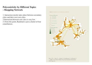 Polycentricity by Different Topics
- Shopping Network

1. Interaction mostly takes place between secondary
cities and their own core cities.
2.Interaction between core cites is very low.
3. From this point, Randstad is just a cluster of four
conurbations.




                                                         Rck, J. R. v., Oort, F. v., Raspe, O., Daalhuizen, F., & Brussel, J.
                                                         v. (2006). Veel Steden Maken Nog Geen Randstad. Rotterdam:
                                                         NAI Uitgevers
 