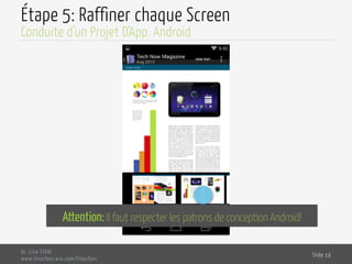 Étape 5: Raffiner chaque Screen
Dr. Lilia SFAXI
www.liliasfaxi.wix.com/liliasfaxi
Slide 19
Conduite d’un Projet D’App. Android
Attention: Il faut respecter les patrons de conception Android!
 