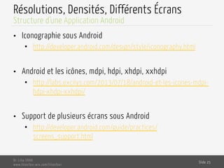 Résolutions, Densités, Différents Écrans
•  Iconographie sous Android
•  http://developer.android.com/design/style/iconography.html
•  Android et les icônes, mdpi, hdpi, xhdpi, xxhdpi
•  http://labs.excilys.com/2013/07/18/android-et-les-icones-mdpi-
hdpi-xhdpi-xxhdpi/
•  Support de plusieurs écrans sous Android
•  http://developer.android.com/guide/practices/
screens_support.html
Dr. Lilia SFAXI
www.liliasfaxi.wix.com/liliasfaxi
Slide 25
Structure d’une Application Android
 