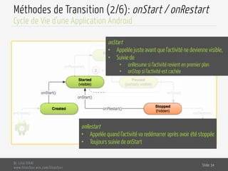 Méthodes de Transition (2/6): onStart / onRestart
Dr. Lilia SFAXI
www.liliasfaxi.wix.com/liliasfaxi
Slide 34
Cycle de Vie d’une Application Android
onStart
•  Appelée juste avant que l’activité ne devienne visible,
•  Suivie de
•  onResume si l’activité revient en premier plan
•  onStop si l’activité est cachée
onRestart
•  Appelée quand l’activité va redémarrer après avoir été stoppée
•  Toujours suivie de onStart
 