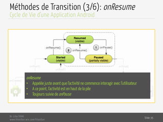Méthodes de Transition (3/6): onResume
Dr. Lilia SFAXI
www.liliasfaxi.wix.com/liliasfaxi
Slide 35
Cycle de Vie d’une Application Android
onResume
•  Appelée juste avant que l’activité ne commence interagir avec l’utilisateur
•  A ce point, l’activité est en haut de la pile
•  Toujours suivie de onPause
 