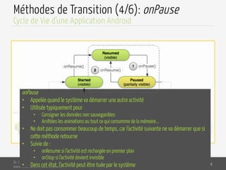 Méthodes de Transition (4/6): onPause
Dr. Lilia SFAXI
www.liliasfaxi.wix.com/liliasfaxi
Slide 36
Cycle de Vie d’une Application Android
onPause
•  Appelée quand le système va démarrer une autre activité
•  Utilisée typiquement pour
•  Consigner les données non sauvegardées
•  Arrêtées les animations ou tout ce qui consomme de la mémoire...
•  Ne doit pas consommer beaucoup de temps, car l’activité suivante ne va démarrer que si
cette méthode retourne
•  Suivie de :
•  onResume si l’activité est rechargée en premier plan
•  onStop si l’activité devient invisible
•  Dans cet état, l’activité peut être tuée par le système
 