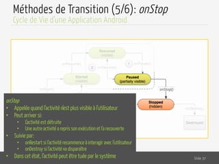 Méthodes de Transition (5/6): onStop
Dr. Lilia SFAXI
www.liliasfaxi.wix.com/liliasfaxi
Slide 37
Cycle de Vie d’une Application Android
onStop
•  Appelée quand l’activité n’est plus visible à l’utilisateur
•  Peut arriver si:
•  L’activité est détruite
•  Une autre activité a repris son exécution et l’a recouverte
•  Suivie par:
•  onRestart si l’activité recommence à interagir avec l’utilisateur
•  onDestroy si l’activité va disparaître
•  Dans cet état, l’activité peut être tuée par le système
 