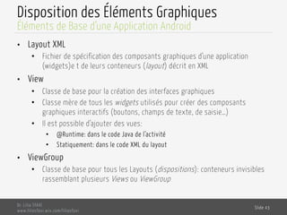 Disposition des Éléments Graphiques
•  Layout XML
•  Fichier de spécification des composants graphiques d’une application
(widgets)e t de leurs conteneurs (layout) décrit en XML
•  View
•  Classe de base pour la création des interfaces graphiques
•  Classe mère de tous les widgets utilisés pour créer des composants
graphiques interactifs (boutons, champs de texte, de saisie…)
•  Il est possible d’ajouter des vues:
•  @Runtime: dans le code Java de l’activité
•  Statiquement: dans le code XML du layout
•  ViewGroup
•  Classe de base pour tous les Layouts (dispositions): conteneurs invisibles
rassemblant plusieurs Views ou ViewGroup
Dr. Lilia SFAXI
www.liliasfaxi.wix.com/liliasfaxi
Slide 43
Éléments de Base d’une Application Android
 