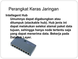 Perangkat Keras Jaringan 
Intellegent Hub 
Umumnya dapat digabungkan atau 
ditumpuk (stackable hub). Hub jenis ini 
dapat melakukan seleksi alamat paket data 
tujuan, sehingga hanya node tertentu saja 
yang dapat menerima data. Bekerja pada 
Datalink Layer. 
 