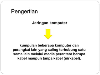 Pengertian 
Jaringan komputer 
kumpulan beberapa komputer dan 
perangkat lain yang saling terhubung satu 
sama lain melalui media perantara berupa 
kabel maupun tanpa kabel (nirkabel). 
 