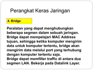 Perangkat Keras Jaringan 
4. Bridge 
Peralatan yang dapat menghubungkan 
beberapa segmen dalam sebuah jaringan. 
Bridge dapat mempelajari MAC Address 
tujuan, sehingga ketika komputer mengirim 
data untuk komputer tertentu, bridge akan 
mengirim data melalui port yang terhubung 
dengan komputer tertentu saja. 
Bridge dapat memfilter traffic di antara dua 
segmen LAN. Bekerja pada Datalink Layer. 
 