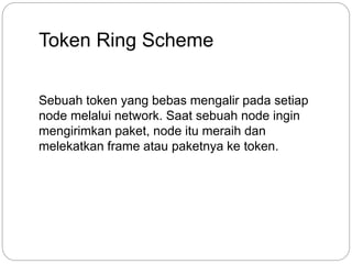Token Ring Scheme 
Sebuah token yang bebas mengalir pada setiap 
node melalui network. Saat sebuah node ingin 
mengirimkan paket, node itu meraih dan 
melekatkan frame atau paketnya ke token. 
 