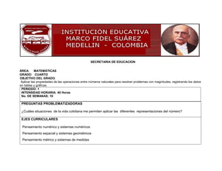 ÁREA: MATEMÁTICAS
GRADO: CUARTO
OBJETIVO DEL GRADO:
Aplicar las propiedades de las operaciones entre números naturales para resolver problemas con magnitudes, registrando los datos
en tablas y gráficas.
PERIODO: 1
INTENSIDAD HORARIA: 40 Horas
No. DE SEMANAS: 10
PREGUNTAS PROBLEMATIZADORAS
¿Cuáles situaciones de la vida cotidiana me permiten aplicar las diferentes representaciones del número?
EJES CURRICULARES
Pensamiento numérico y sistemas numéricos
Pensamiento espacial y sistemas geométricos
Pensamiento métrico y sistemas de medidas
SECRETARIA DE EDUCACION
 