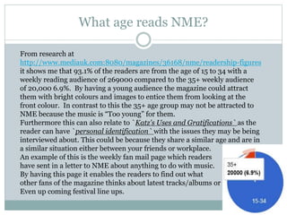 What age reads NME?
From research at
http://www.mediauk.com:8080/magazines/36168/nme/readership-figures
it shows me that 93.1% of the readers are from the age of 15 to 34 with a
weekly reading audience of 269000 compared to the 35+ weekly audience
of 20,000 6.9%. By having a young audience the magazine could attract
them with bright colours and images to entice them from looking at the
front colour. In contrast to this the 35+ age group may not be attracted to
NME because the music is “Too young” for them.
Furthermore this can also relate to `Katz's Uses and Gratifications` as the
reader can have `personal identification` with the issues they may be being
interviewed about. This could be because they share a similar age and are in
a similar situation either between your friends or workplace.
An example of this is the weekly fan mail page which readers
have sent in a letter to NME about anything to do with music.
By having this page it enables the readers to find out what
other fans of the magazine thinks about latest tracks/albums or
Even up coming festival line ups.
 