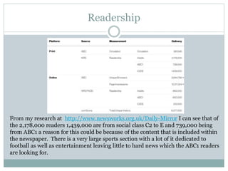 Readership
From my research at http://www.newsworks.org.uk/Daily-Mirror I can see that of
the 2,178,000 readers 1,439,000 are from social class C2 to E and 739,000 being
from ABC1 a reason for this could be because of the content that is included within
the newspaper. There is a very large sports section with a lot of it dedicated to
football as well as entertainment leaving little to hard news which the ABC1 readers
are looking for.
 
