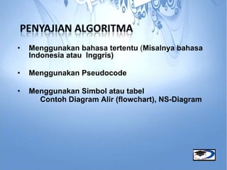 •   Menggunakan bahasa tertentu (Misalnya bahasa
    Indonesia atau Inggris)

•   Menggunakan Pseudocode

•   Menggunakan Simbol atau tabel
      Contoh Diagram Alir (flowchart), NS-Diagram
 