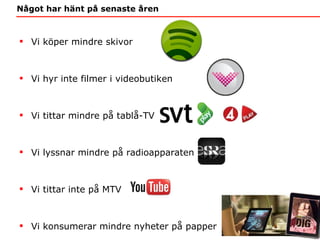 Något har hänt på senaste åren Vi köper mindre skivor  Vi hyr inte filmer i videobutiken  Vi tittar mindre på tablå-TV Vi lyssnar mindre på radioapparaten  Vi tittar inte på MTV  Vi konsumerar mindre nyheter på papper 