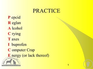 PRACTICE
P epcid
R eglan
A lcohol
C rying
T axes
I buprofen
C omputer Crap
E nergy (or lack thereof)
1

 