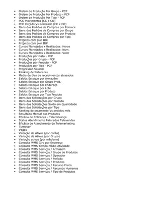 • Ordem de Produção Por Grupo - PCP
• Ordem de Produção Por Produto - PCP
• Ordem de Produção Por Tipo - PCP
• PCO Movimentos (CC e CO)
• PCO Orçado Vs Realizado (CC e CO)
• Itens dos Pedidos de Compras por Fornece
• Itens dos Pedidos de Compras por Grupo
• Itens dos Pedidos de Compras por Produto
• Itens dos Pedidos de Compras por Tipo
• Projetos com pior IDC
• Projetos com pior IDP
• Cursos Planejados x Realizados: Horas
• Cursos Planejados x Realizados: Num.
• Cursos Planejados x Realizados: Valor
• Produções por Data - PCP
• Produções por Grupo - PCP
• Produções por Produto - PCP
• Produções por Tipo - PCP
• Progressão Salarial
• Ranking de Naturezas
• Média de dias de recebimentos atrasados
• Saldos Estoque por Armazém
• Saldos Estoque por Grupo Prod.
• Saldos Estoque por Endereço
• Saldos Estoque por Lote
• Saldos Estoque por Produto
• Saldos Estoque por Tipo Produto
• Itens das Solicitações por Grupo
• Itens das Solicitações por Produto
• Itens das Solicitações Saldo em Quantidade
• Itens das Solicitações por Tipo
• Ranking de orçamento Vs pedidos mês
• Resultado Mensal dos Produtos
• Eficácia de Cobrança - Telecobrança
• Status Atendimento Faturados Televendas
• Eficácia de Atendimento do Telemarketing
• Turnover
• Vagas
• Variação de Ativos (por conta)
• Variação de Ativos (por Grupo)
• Variação ativos (por mês/ano)
• Consulta WMS Giro por Endereço
• Consulta WMS Tempo Médio Atividade
• Consulta WMS Serviços / Armazém
• Consulta WMS Serviços / Grupo de Produtos
• Consulta WMS Serviços / Operador
• Consulta WMS Serviços / Período
• Consulta WMS Serviços / Produtos
• Consulta WMS Serviços / Recurso Físico
• Consulta WMS Serviços / Recursos Humanos
• Consulta WMS Serviços / Tipo de Produtos
 