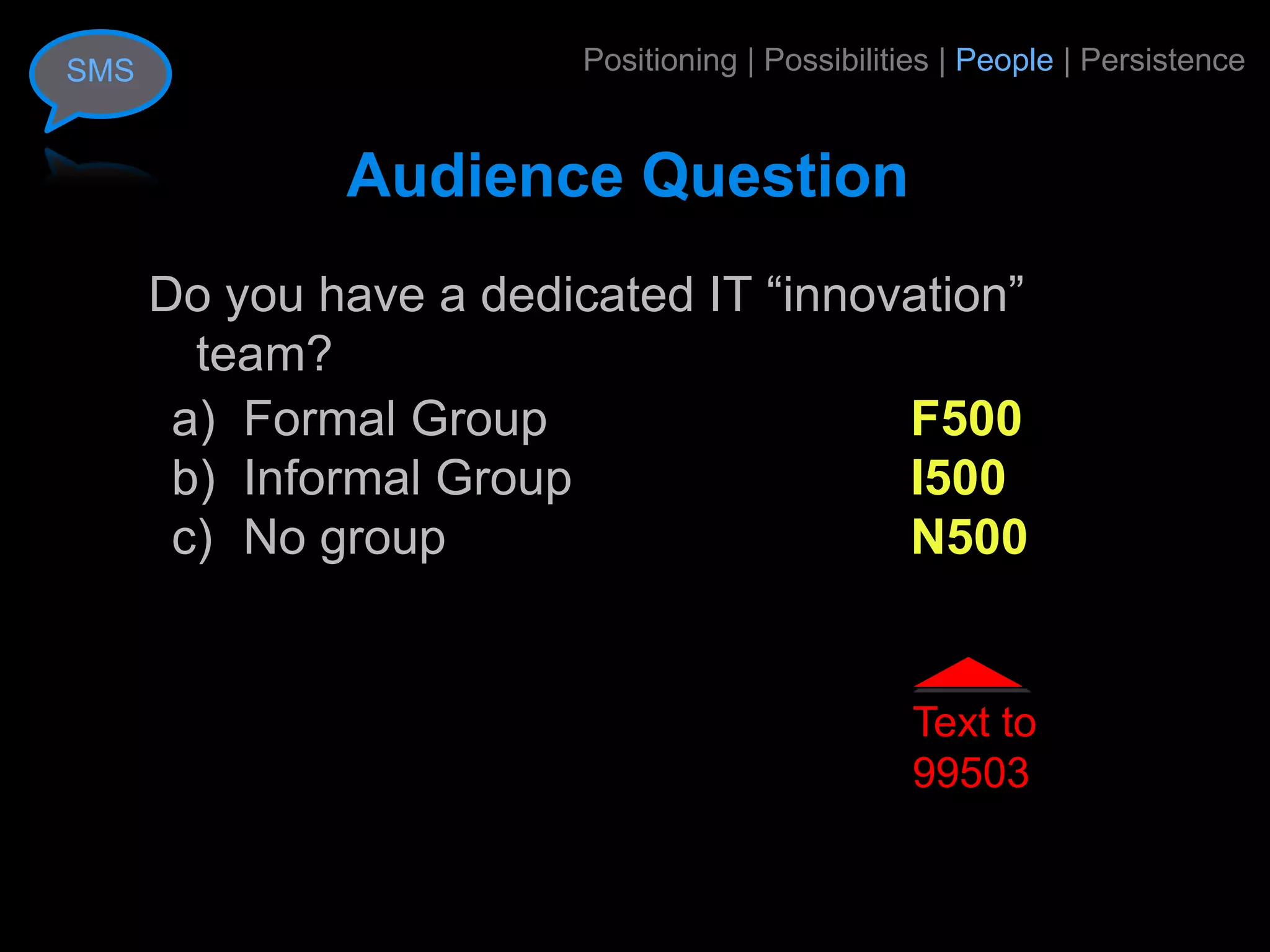 SMS                      Positioning | Possibilities | People | Persistence


              Audience Question
      Do you have a dedicated IT “innovation”
        team?
       a) Formal Group                 F500
       b) Informal Group               I500
       c) No group                     N500


                                                 Text to
                                                 99503
 